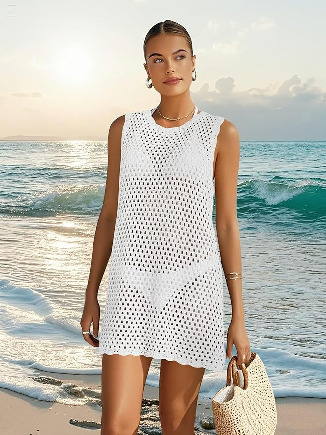 Swimsuit Coverup for Women 2025 Summer Sleeveless Bathing Suit Dress Crochet Beach Outfits Knit S... | Amazon (US)