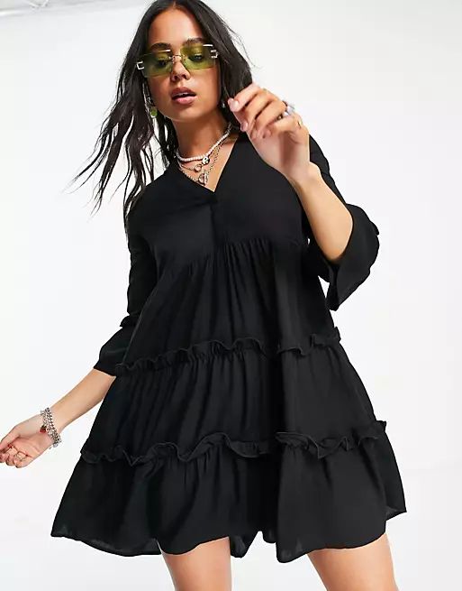 Vero Moda mini tiered smock dress in black | ASOS (Global)