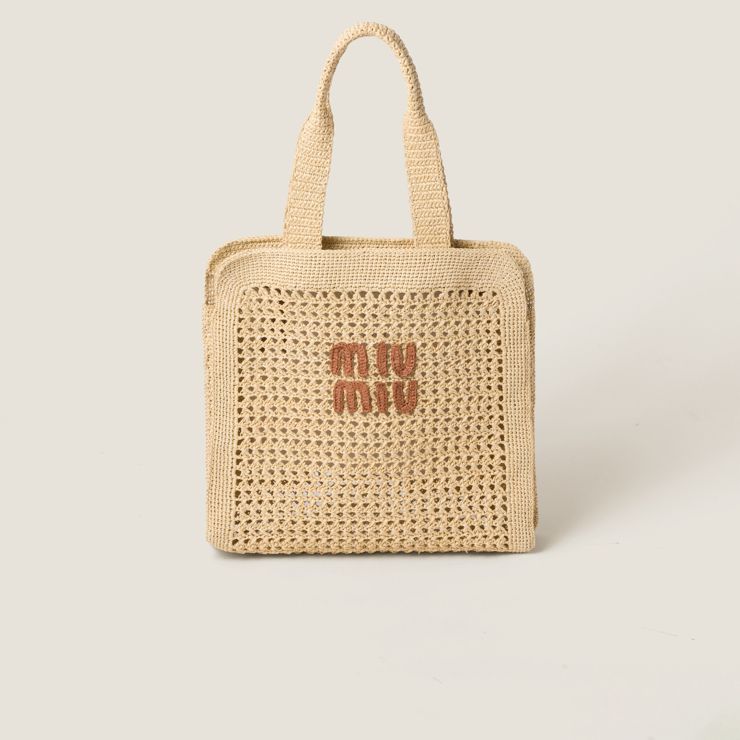 Beige/cognac Woven Fabric Tote Bag | Miu Miu | Miu Miu US