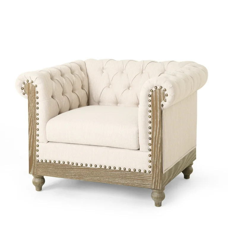 GDF Studio Batavia Chesterfield Tufted Club Chair with Nailhead Trim, Beige Fabric and Dark Brown | Walmart (US)