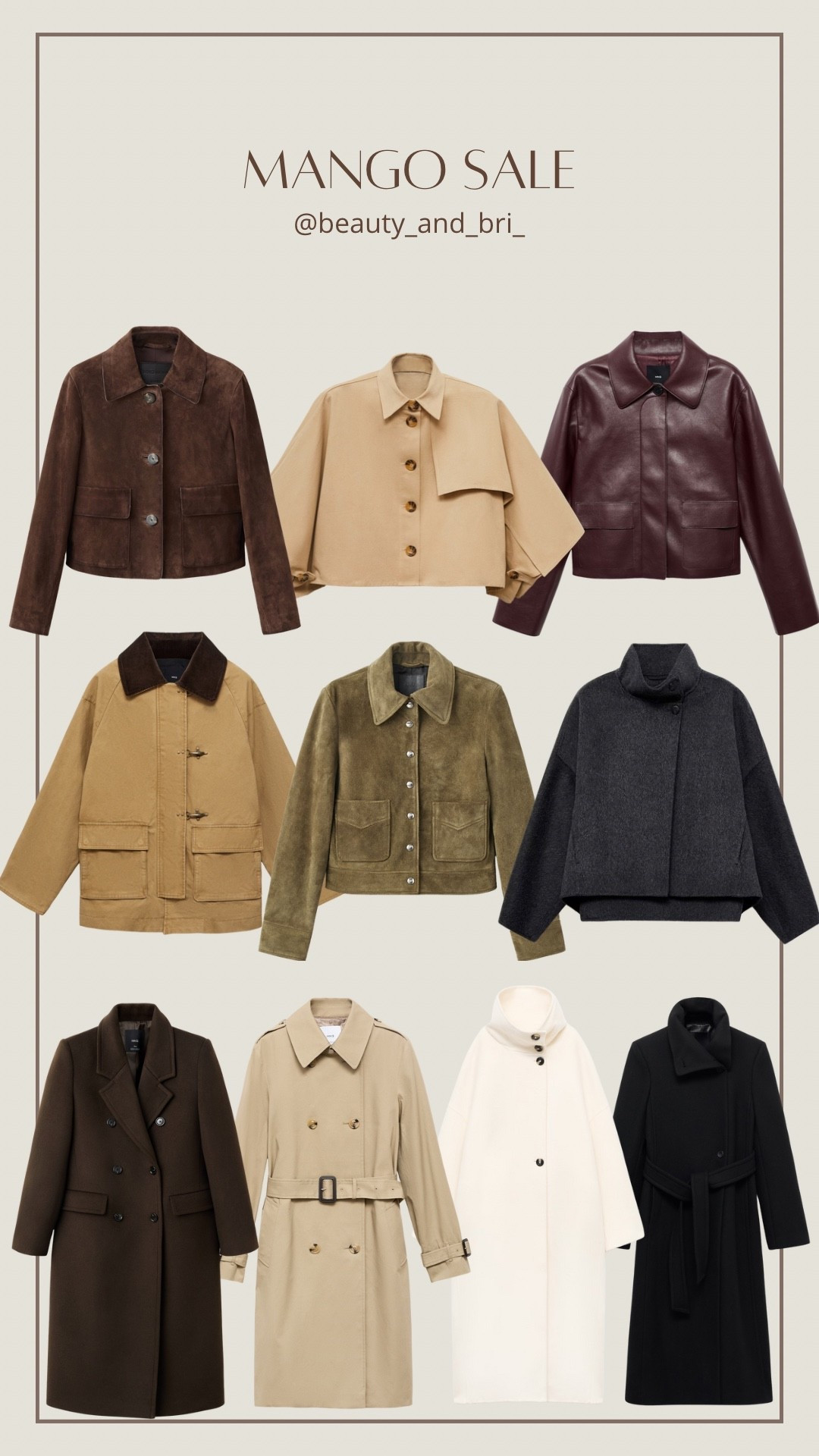 CODE: MNG30

Coat, jacket, trench coat, wool, leather jacket, suede, barn jacket, fall outfit, fall style, winter, cold weather 

#LTKSeasonal #LTKHoliday #LTKSaleAlert