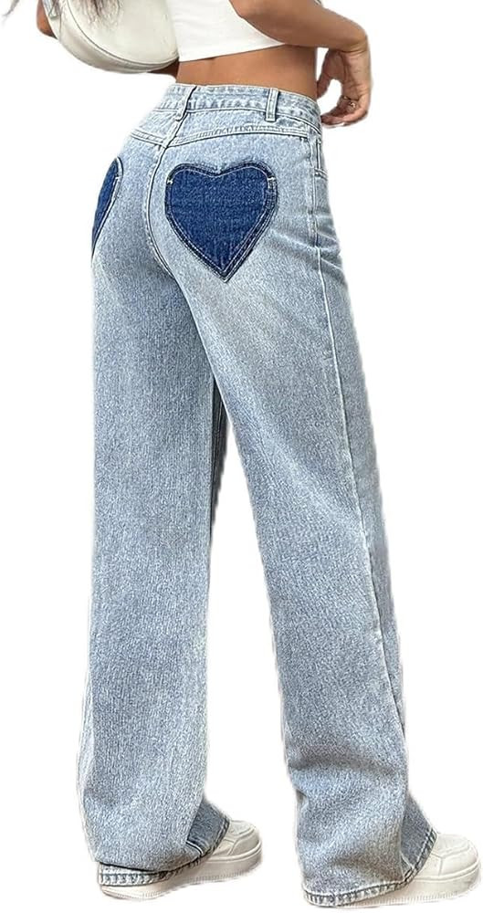 Women's Jeans with Heart Patch, Light Blue Denim,Baggy Jeans Women | Amazon (US)