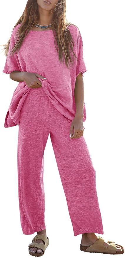 Tankaneo Women's 2 Piece Travel Outfits Casual Short Sleeve Knit Sweater Set Wide Leg Pants Loung... | Amazon (US)