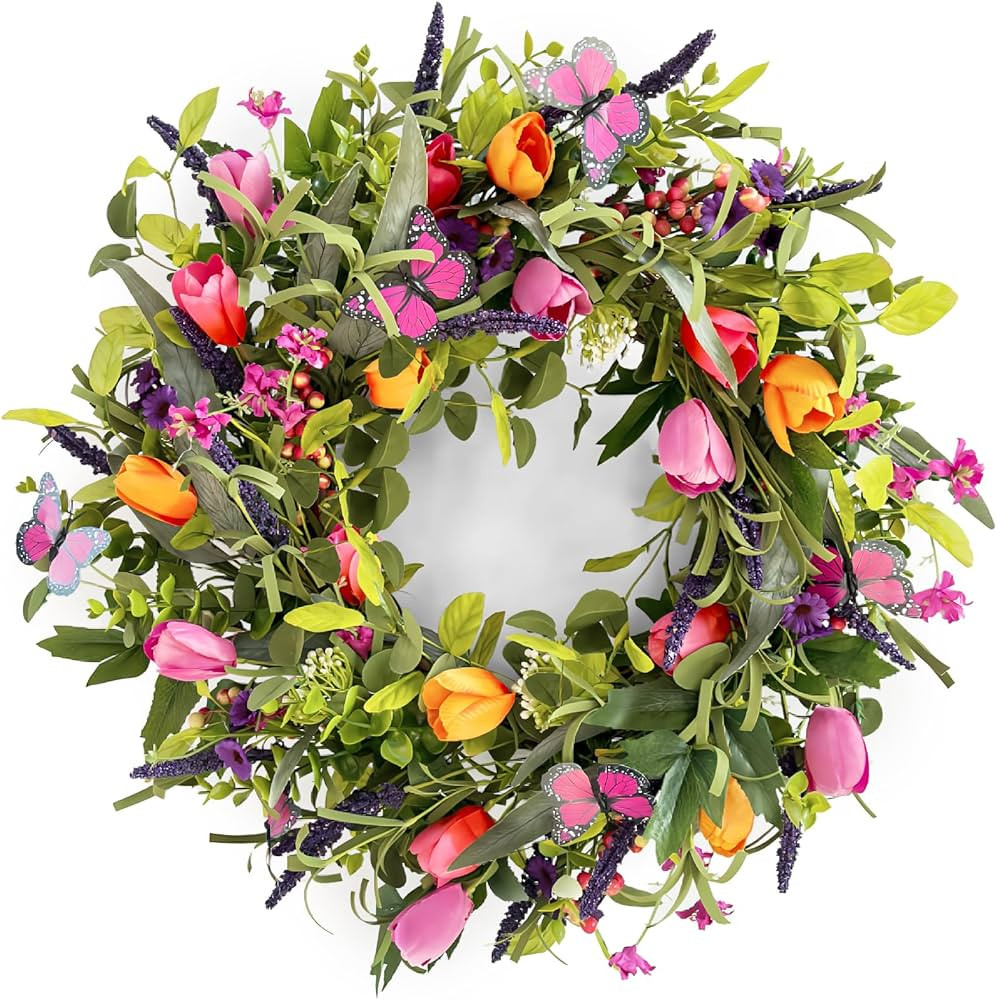 24" Wreaths for Front Door, Wreath with Tulip Wreath, Butterfly, Lavender and Eucalyptus, Vivid A... | Amazon (US)