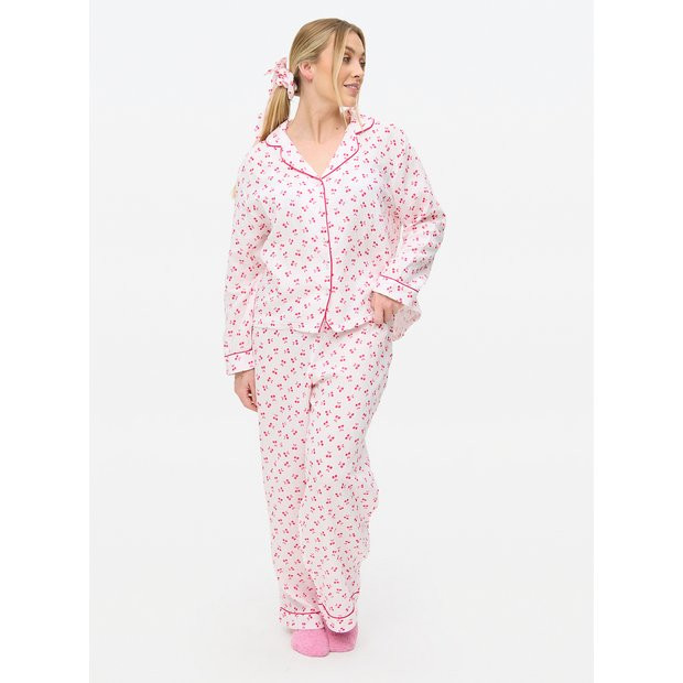 Cherry Print Double Cloth Traditional Pyjamas With Scrunchie S | Tu Clothing