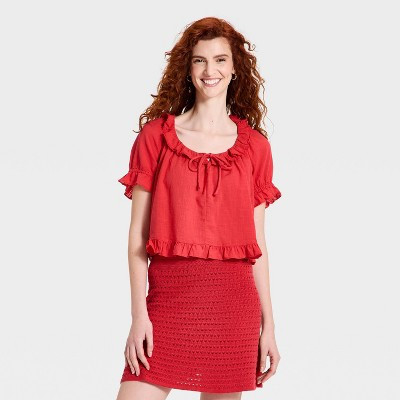 Women's Ruffle Short Sleeve Scoop Neck Blouse - Universal Thread™ Red XL | Target