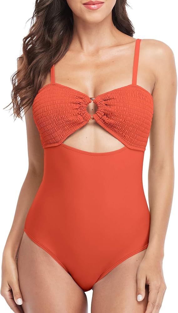 SOCIALA Womens Cut Out Smocked One Piece Swimsuits Swimwear High Cut Strappy Backless Monokinis B... | Amazon (US)