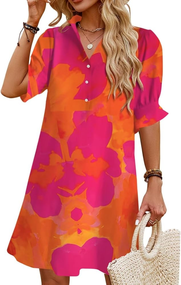 Womens Summer Shirt Dress 2026 Casual Ruffle Short Sleeve Button Down Flowy Swing Shift Mini Dres... | Amazon (US)