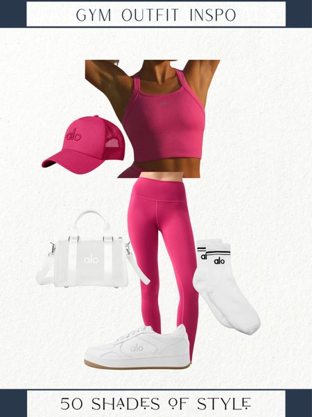 Sharing my current favorite gym outfit inspo. Love the hot pink workout set with the crisp white sneakers, gyn socks and gym bag 

Alo gym outfit, Alo gym bag, Alo white sneakers, Alo baseball hat, Alo workout set

#LTKStyleTip #LTKActive #LTKOver40