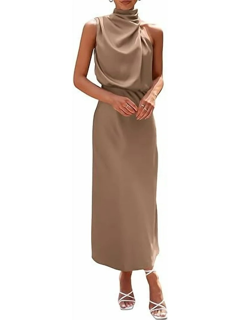 PRETTYGARDEN Women's Summer Satin Dress Elegant Sleeveless Mock Neck Cocktail Party Maxi Dresses | Walmart (US)