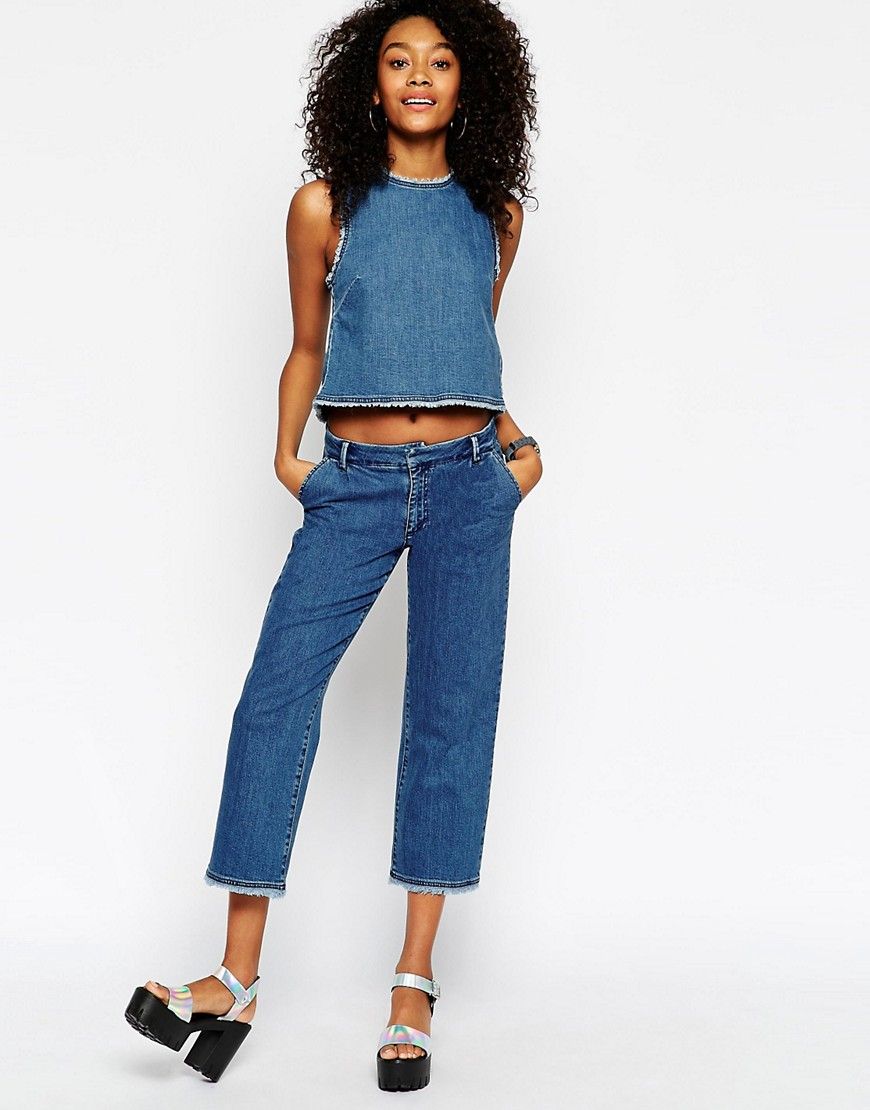 ASOS Denim Tailored Wide Leg Jean Co-ord in Mid Wash with Raw Hem | ASOS UK