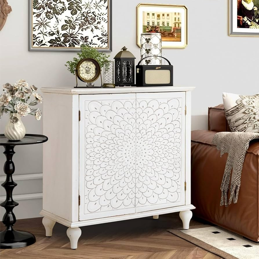 MFSTUDIO Wood Accent Storage Cabinet with 2 Doors, Mid-Century White Carved Vintage Cabinets Deco... | Amazon (US)