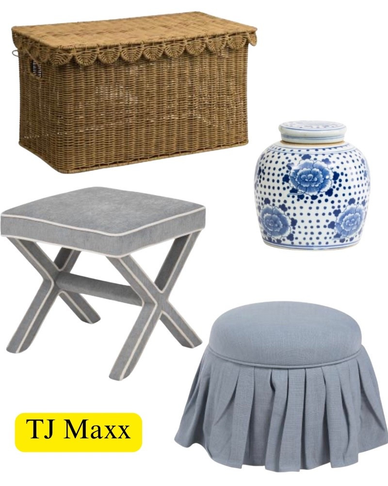 T.J. Maxx, who horrified, scalloped basket, blue, and white phase, skirted ottoman, bench, blue, French, modern, coastal, living room, office, bedroom, kids, entry.

#LTKHome #LTKSaleAlert
