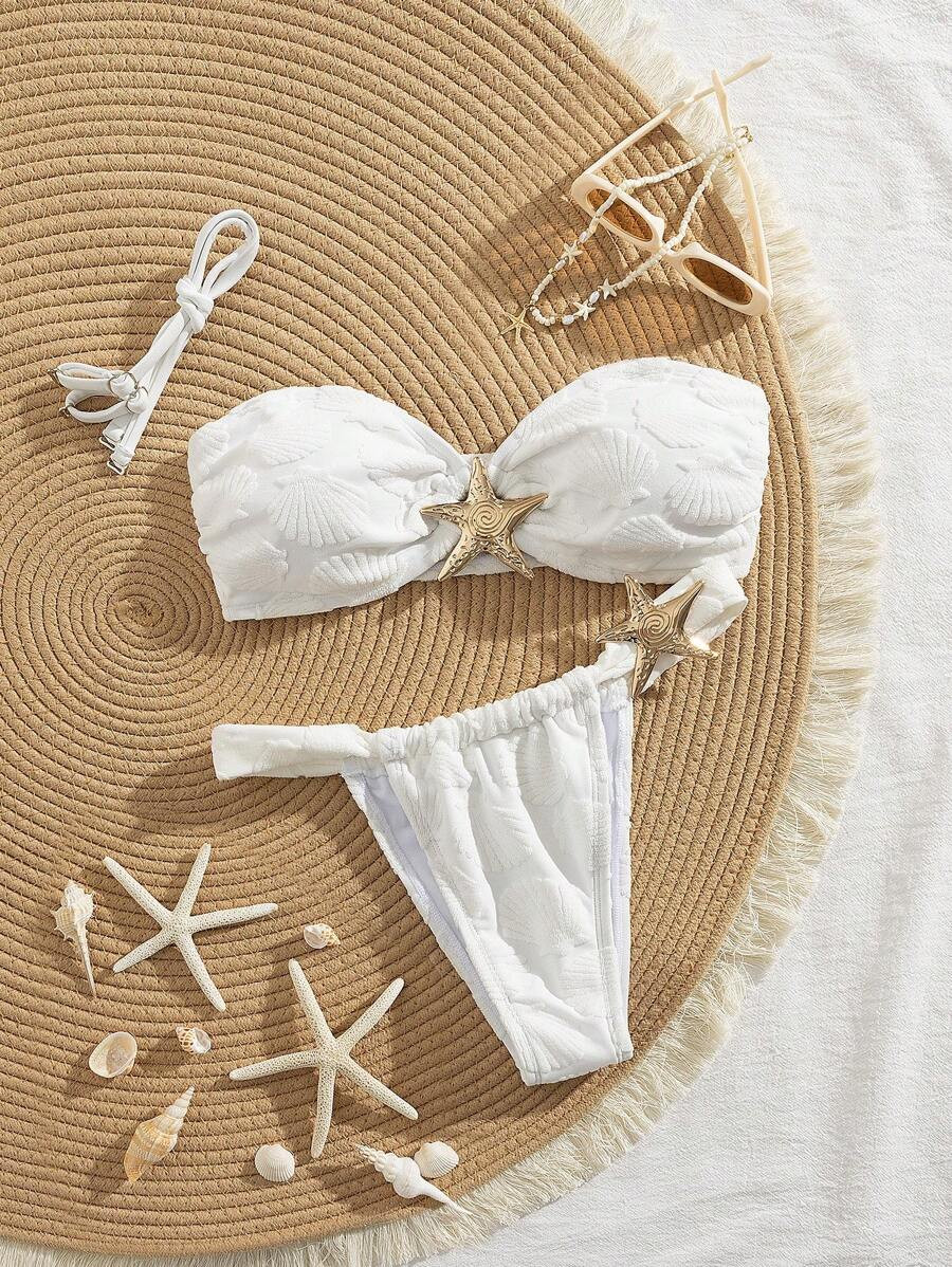 SHEIN Swim Spring Break White Seashell Knit Jacquard Front Metallic Starfish Decor Simple Elegant... | SHEIN