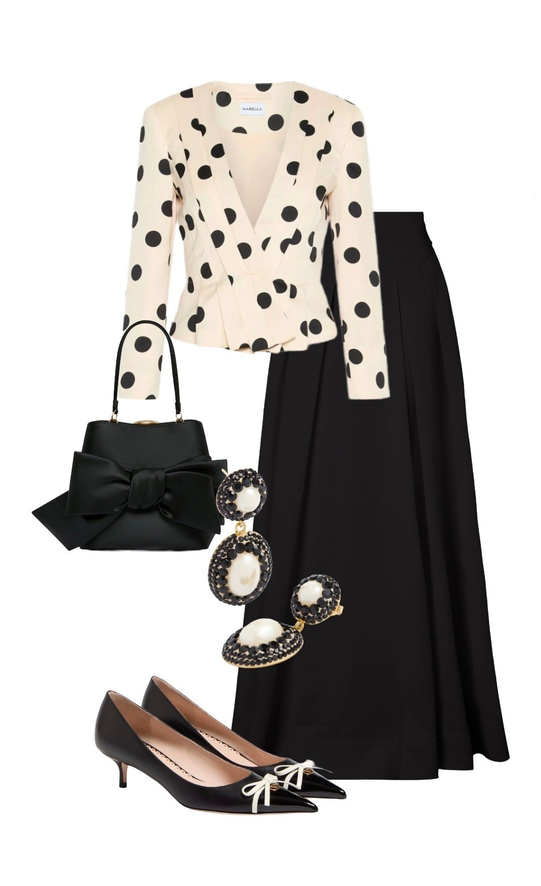 A luxury look for timelessly elegant women everywhere. This polka dot peplum jacket immediately caught my eye, even more striking when partnered with this black maxi skirt. Finishing touches are the black kitten heels with Ivory contrast bow, monochrome statement earrings and a black satin bow evening bag. 

Polka Dot Jacket - on sale at Marella

Black Maxi Skirt - Temperley (click link to see actual price! It’s far less than the price shown)

Black Satin Bow Bag - NEW IN at Lulu Guinness 

Lace Statement Earrings - Soru Jewellery

Black Kitten Heels - ON SALE at Valentino 

#LTKuk #LTKeurope #LTKstyletip #LTKbag #LTKshoes

#LTKdatenight #LTKluxury #LTKsale