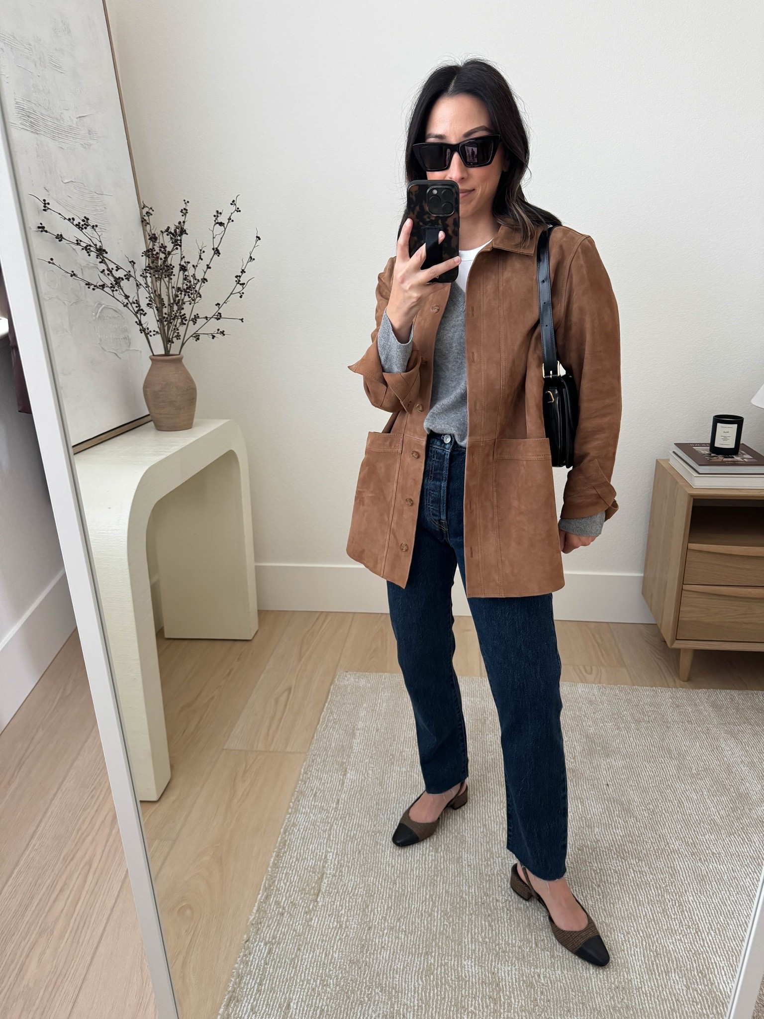 Casual workwear outfit idea with jeans. 

Sezane jacket small
Jenni Kayne sweater xs
Everlane tee medium
Levis jeans 25. Cut hems. Color is salsa dark wash
Veronica Beard Mules 5
Celine Triompe bag medium
YSL sunglasses

#LTKPetite #LTKOver40 #LTKWorkwear