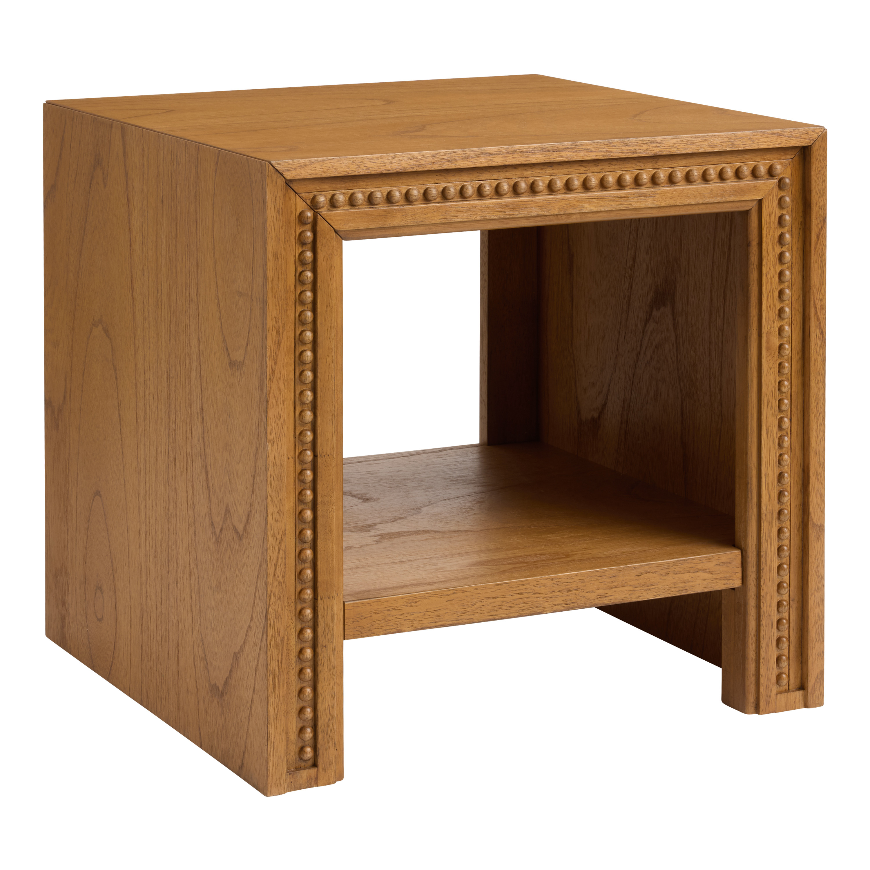 Java Honey Carved Wood Beaded End Table with Shelf | World Market