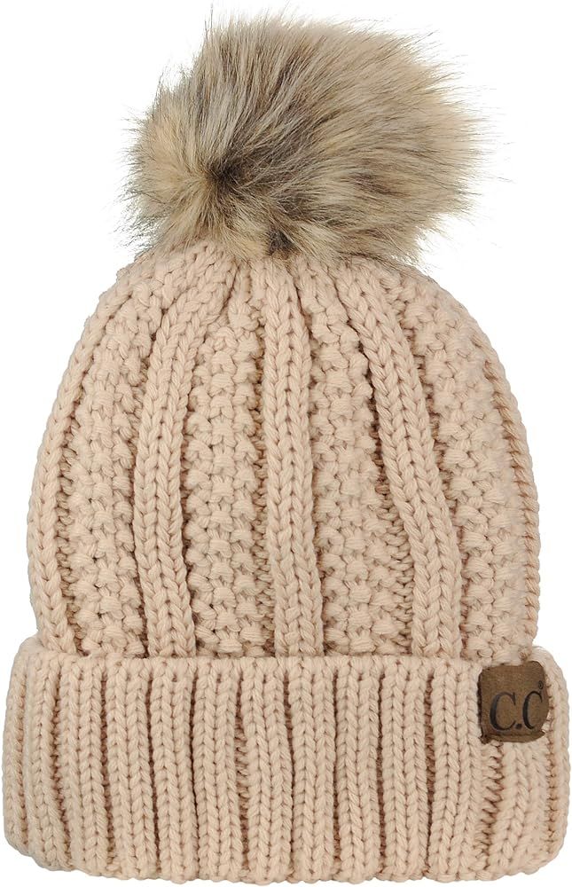 Thick Cable Knit Faux Fuzzy Fur Pom Fleece Lined Skull Cap Cuff Beanie | Amazon (US)