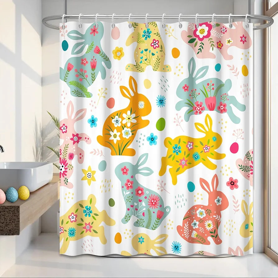 Easter Shower Curtain, Cute Colorful Spring Bunny & Egg Bathroom Shower Curtain with Hooks, Washa... | Amazon (US)