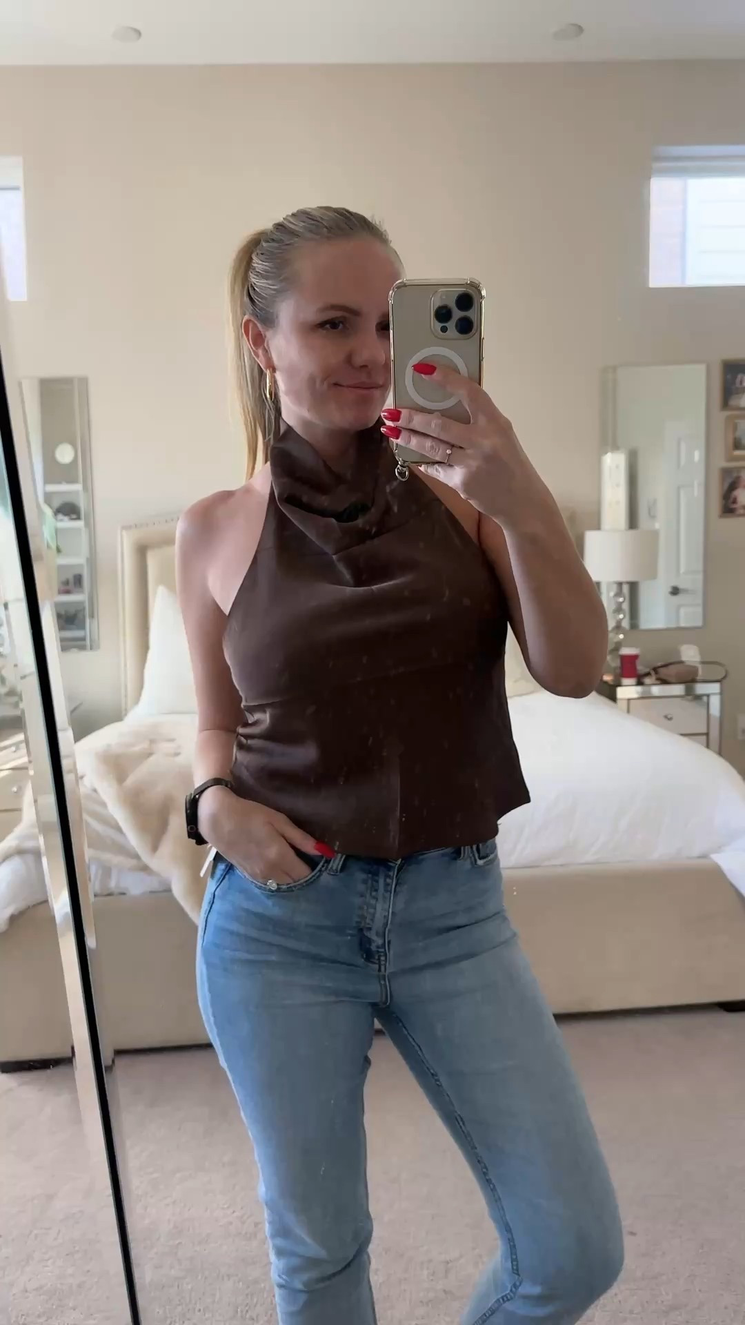 This halter top is so good 🤎
That open back 🤌
I’ll wear it with jeans for a casual look,
or with leather pants or a skirt and boots for date nights ✨

I’m wearing size M, but L would be a little more relaxed.

P.S. Yes, it needs steaming 😅
But I couldn’t wait to show you.

Sleek ponytail 

#LTKstorytime #LTKmomlife #LTKootd