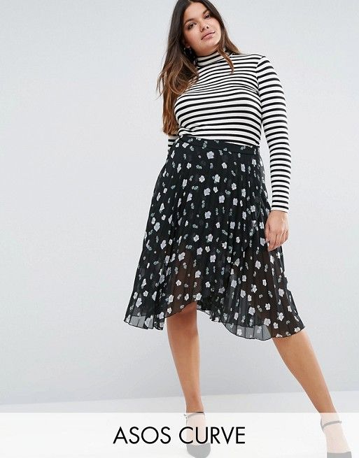 ASOS CURVE Pleated Midi Skirt with Wrap Front Detail in Floral Print | ASOS US