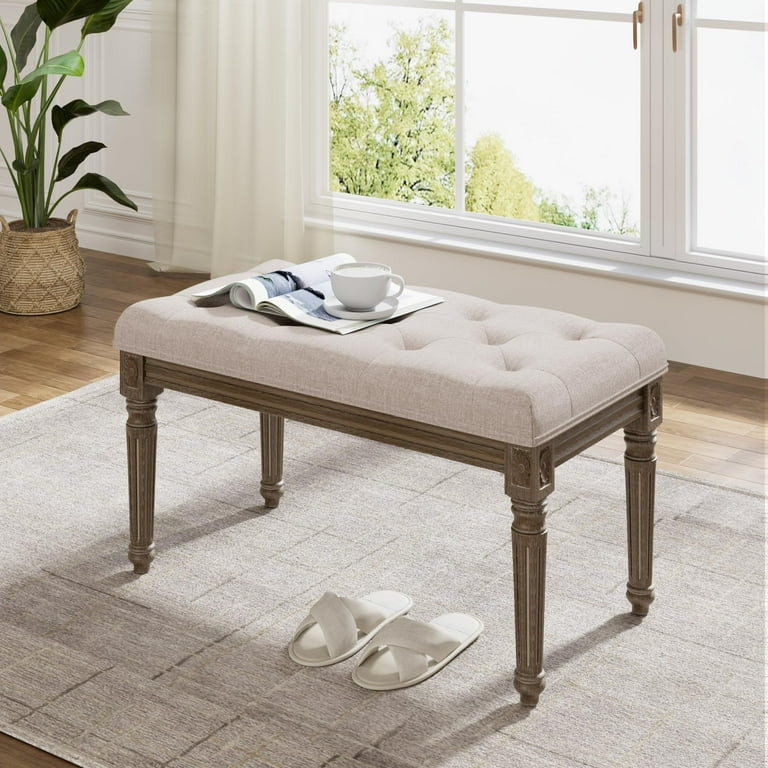 Upholstered Bench, Traditional Rectangle Tufted Ottoman Bench with Rustic Wood Vanity Stool Foot,... | Walmart (US)