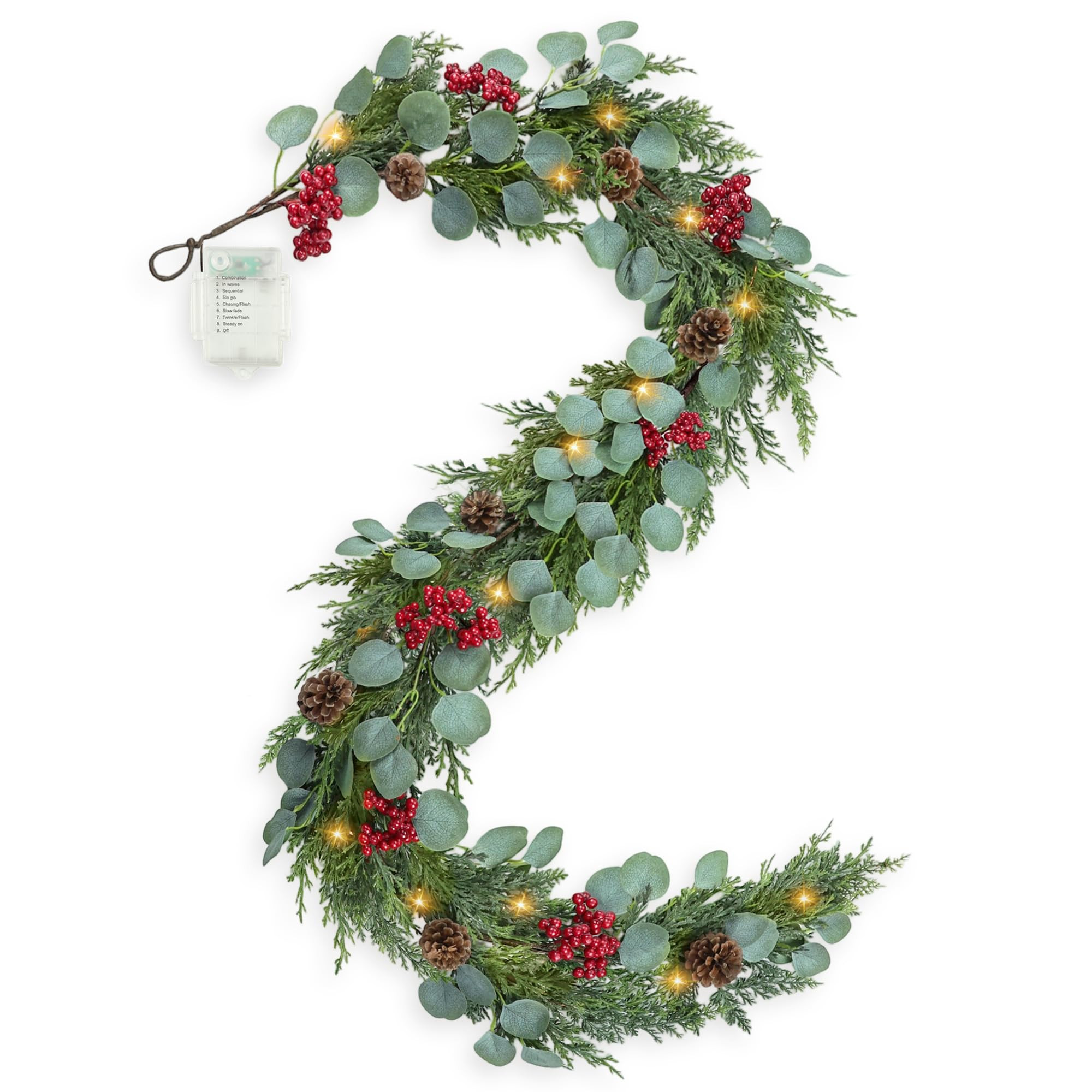 6FT Christmas Garland with Lights Artificial Pine Cypress Eucalyptus Garland with Red Berries Chr... | Amazon (US)