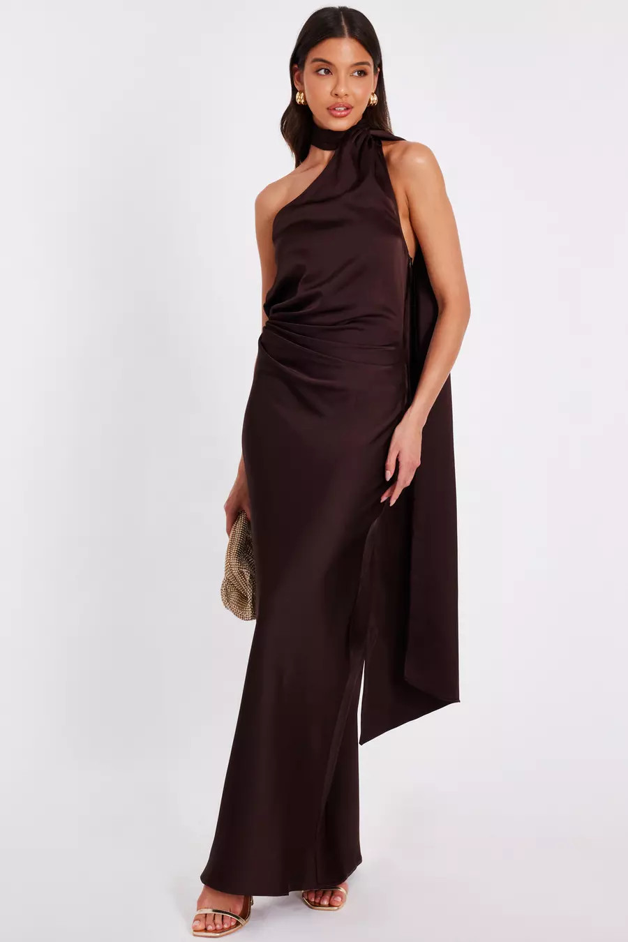 Brown Satin Wrap Neck Maxi Dress | Quiz Clothing