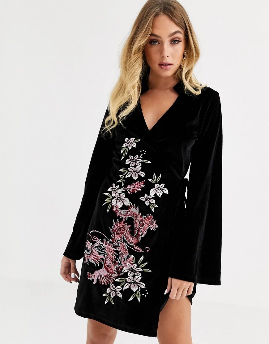 ASOS DESIGN velvet embroidered kimono dress-Black | ASOS (Global)