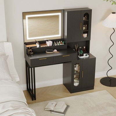 Fluted Vanity Desk with Mirror and Lights, 45" Makeup Vanity with Large Cabinets, Drawers, Dressing Table with 3 Color Lighting Modes, for Bedroom | Target