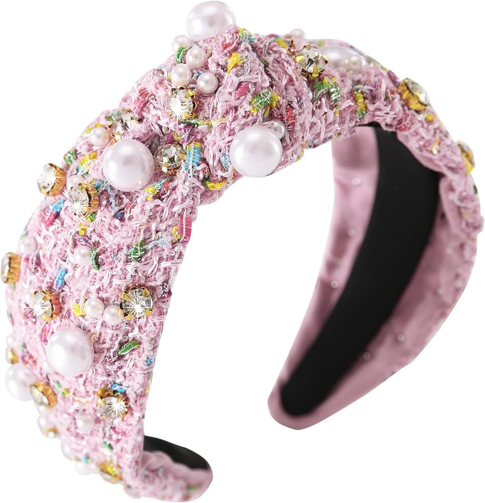 Pearl Rhinestone Tweed Headband for Women Sparkle Luxury Plaid Knotted Headband Wide Vintage Ladi... | Amazon (US)