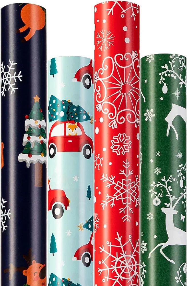 Christmas Wrapping Paper (4 Rolls: 93 sq. ft. ttl) Funny Candy Santas, Reindeer, Christmas Tree, ... | Amazon (US)