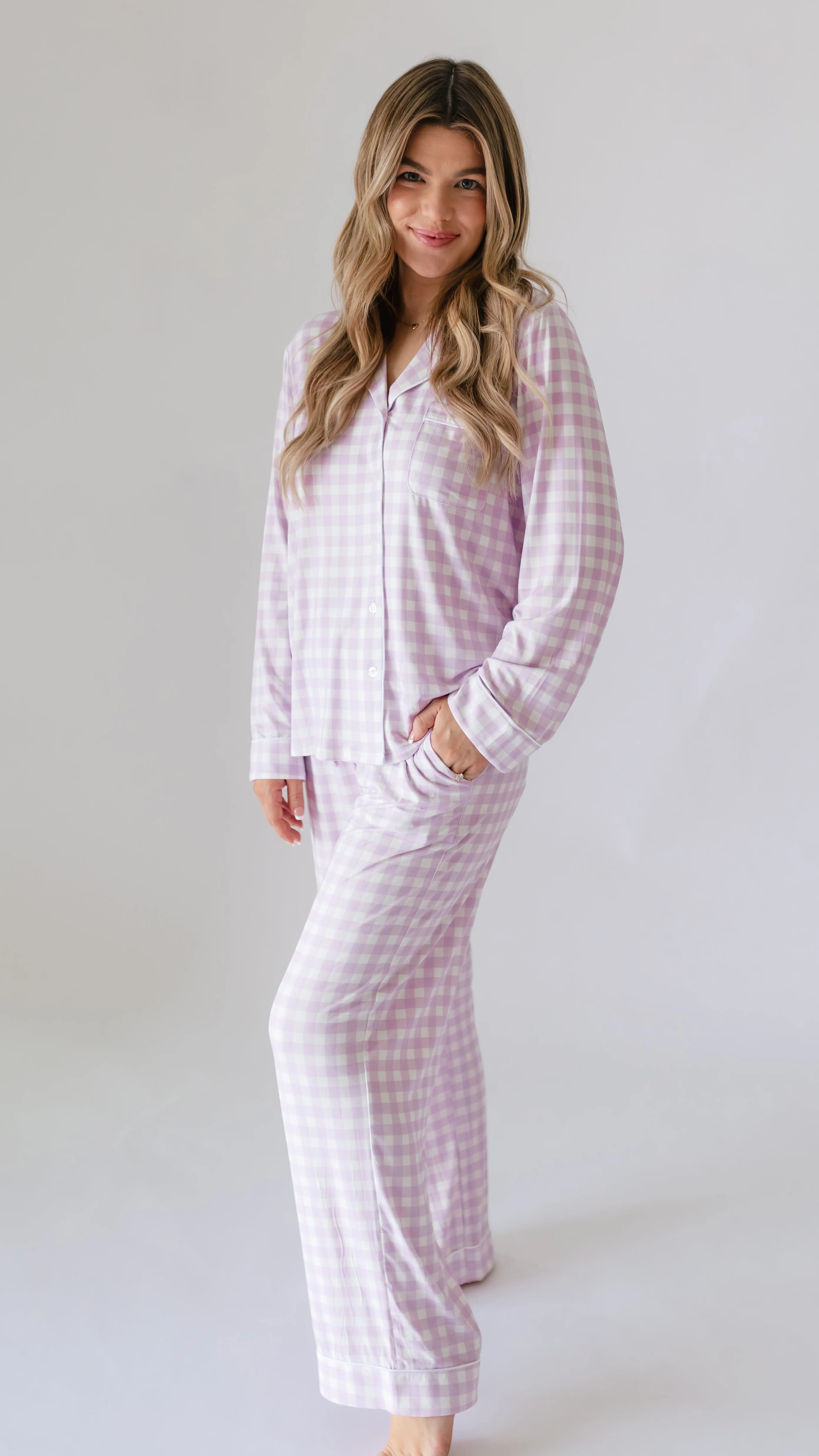 Women's Button Up Set In Purple Gingham | Silks Design