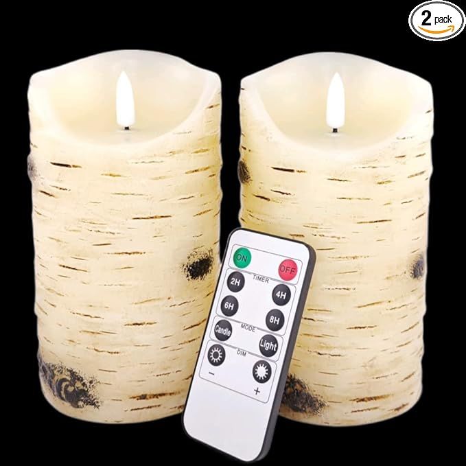 Flameless Candles LED Candles Birch Bark Effect Set of 2 (D:3.25" X H:6") Ivory Real Wax Pillar B... | Amazon (US)