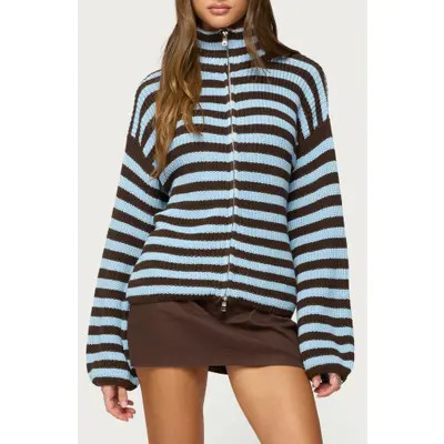 EDIKTED Stripe Mock Neck Zip Sweater in Brown at Nordstrom, Size X-Small | Nordstrom