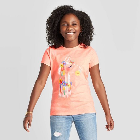 Girls' Short Sleeve Llama Graphic T-Shirt - Cat & Jack™ Neon Peach | Target