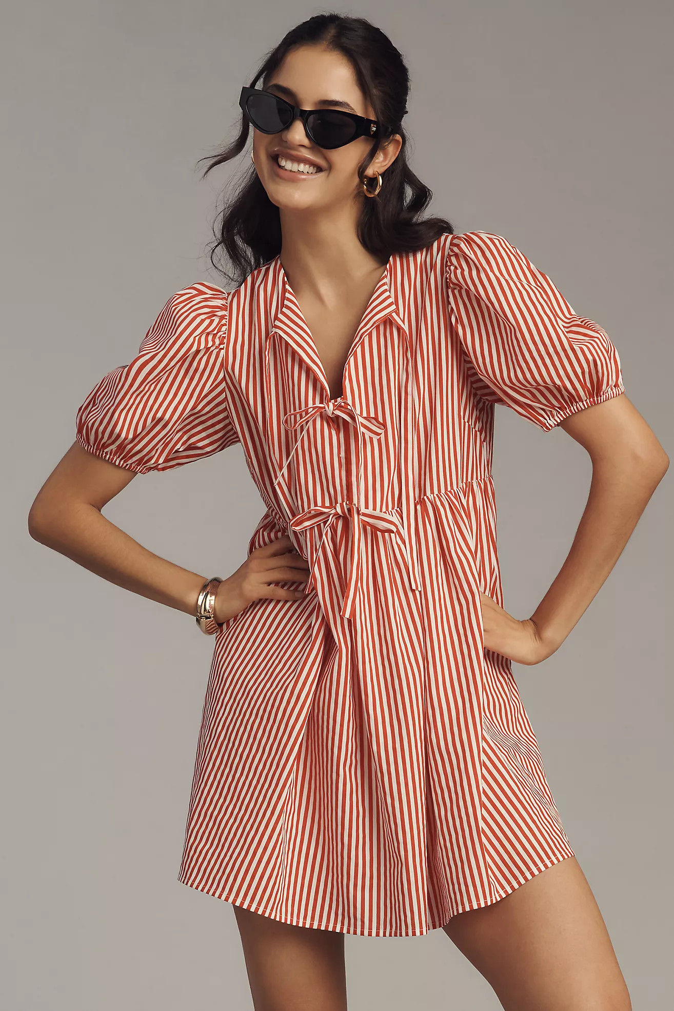 English Factory Petite Puff-Sleeve Bow Mini Dress | Anthropologie (US)