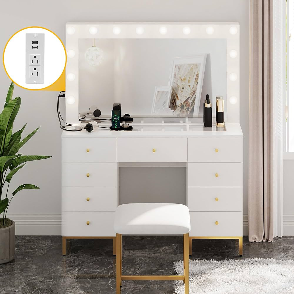 DWVO White Vanity Desk Set with Large Hollywood Bulbs Mirror & Power Outlet, Glass Top Vanity Mak... | Amazon (US)