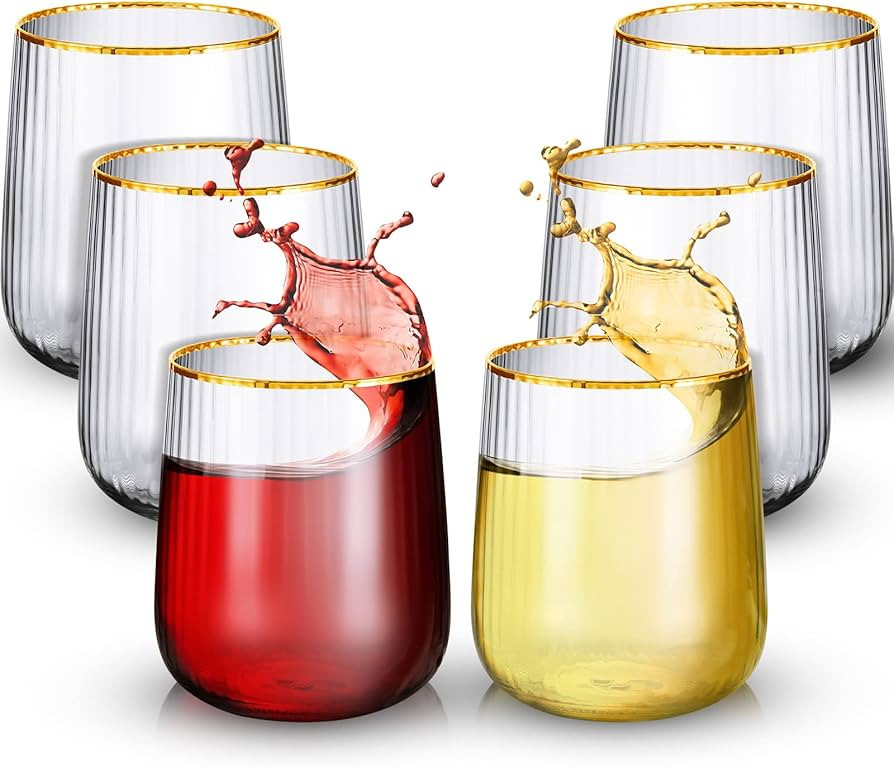 Stemless Wine Glasses Set of 6, 15 Oz Gold Rimmed Stemless Glasses Vertical Stripe Water Glasses ... | Amazon (US)