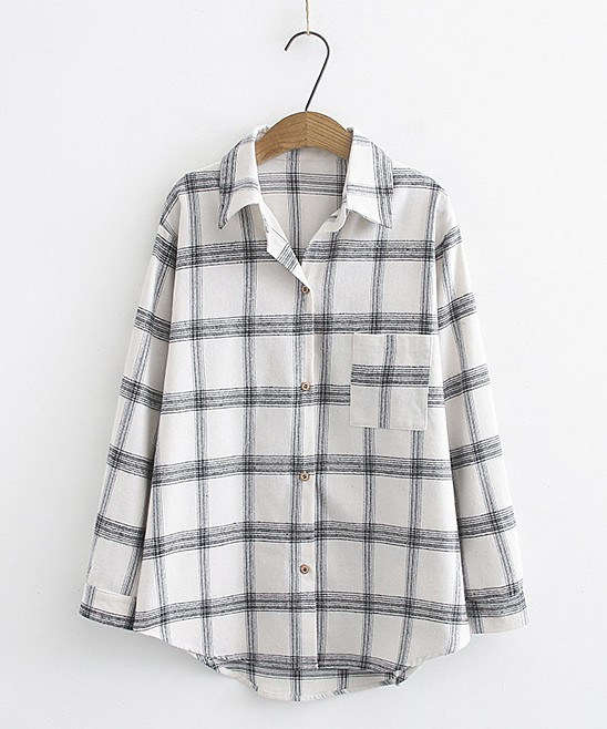 CELLABIE Women's Button Down Shirts White - White & Black Plaid Pocket-Accent Button-Up - Women | Zulily