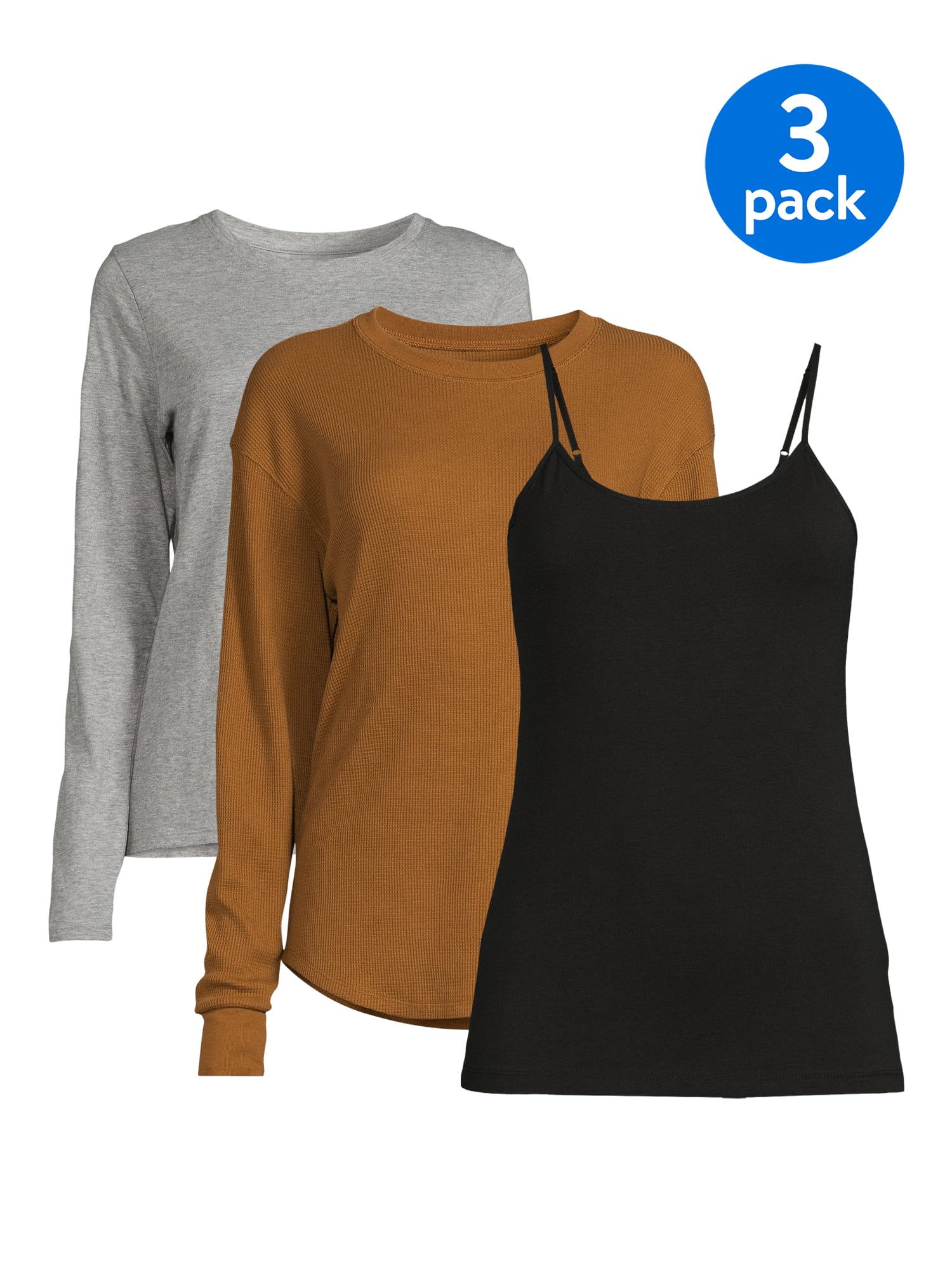 Time and Tru Women's Cami, Thermal and Long Sleeve T-Shirt, 3-Pack - Walmart.com | Walmart (US)