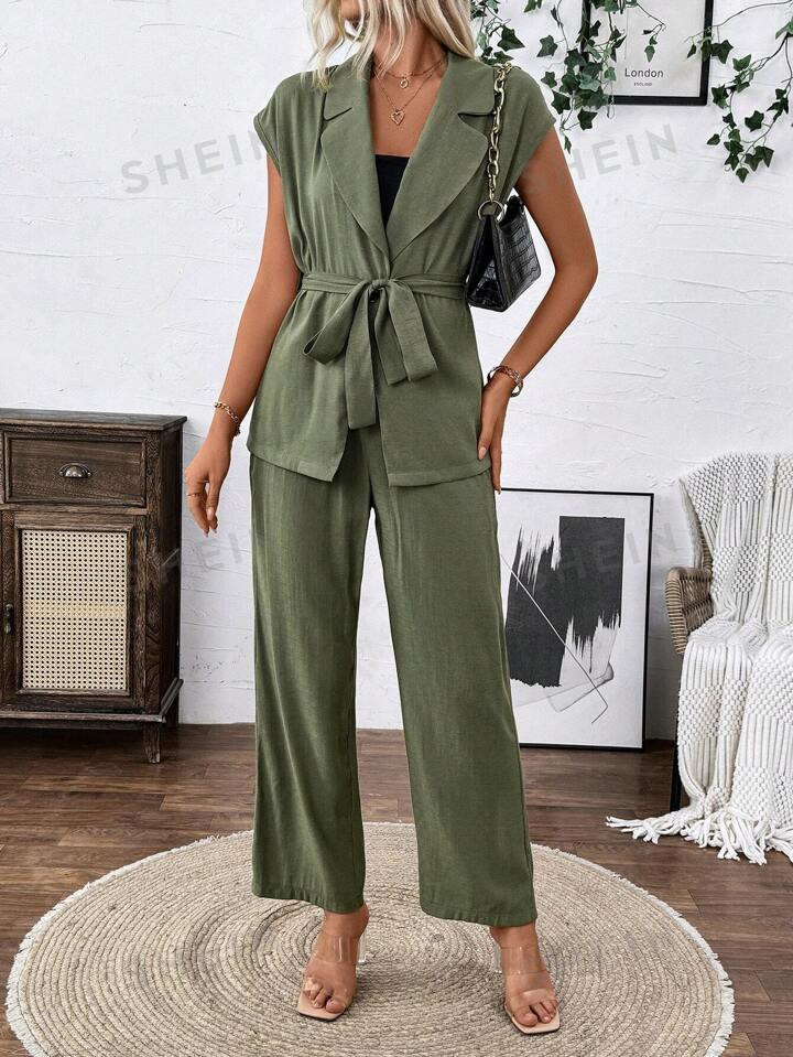 SHEIN Clasi Sleeveless Collared Waist Tie Top And Flared Long Pants Suit | SHEIN