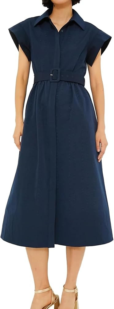 EZAPINE Womens 2025 Summer Short Sleeves Midi Dress Casual Button Down Long Dress with Belt | Amazon (US)