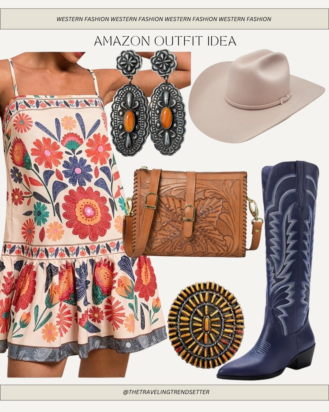 Spring floral dress styled western all from Amazon, authentic western jewelry, leather bag, cowboy hat, navy blue cowboy boots festival at stagecoach Rodeo cowgirl ￼

#LTKootd #LTKWorkwear #LTKFestival