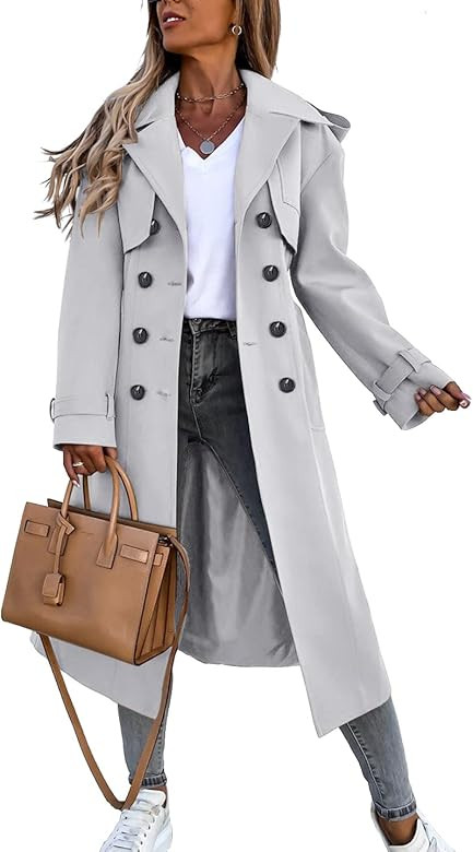 Fisoew Women's Double Breasted Long Trench Coat Windproof Classic Lapel Belted Overcoat with Pock... | Amazon (US)