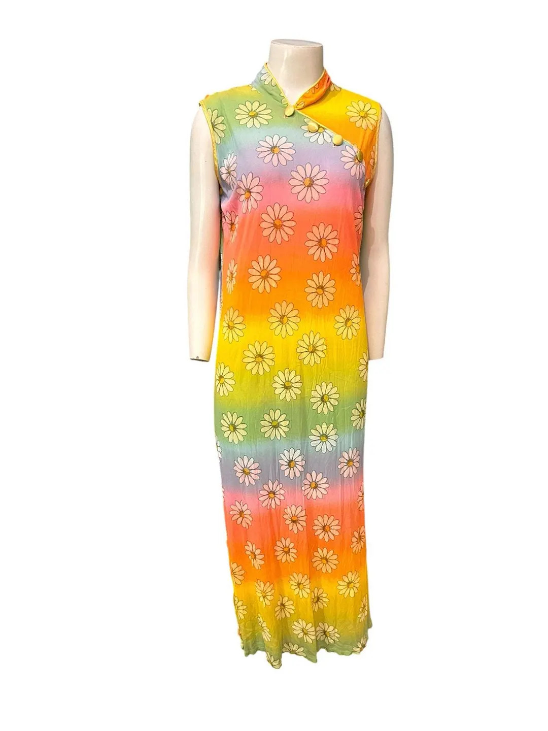 Vintage 70s Rainbow Daisy Cheongsam Maxi Dress M Flower Power Mod Hippie - | Etsy (Global)