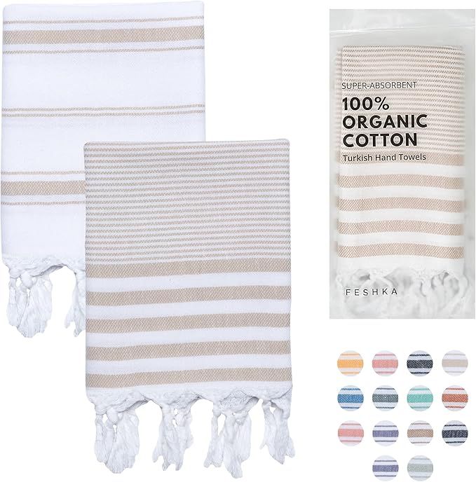 FESHKA Turkish Hand Towels Set of 2 - 100% Organic Cotton, 18x32 Prewashed Super Absorbent Peshte... | Amazon (US)