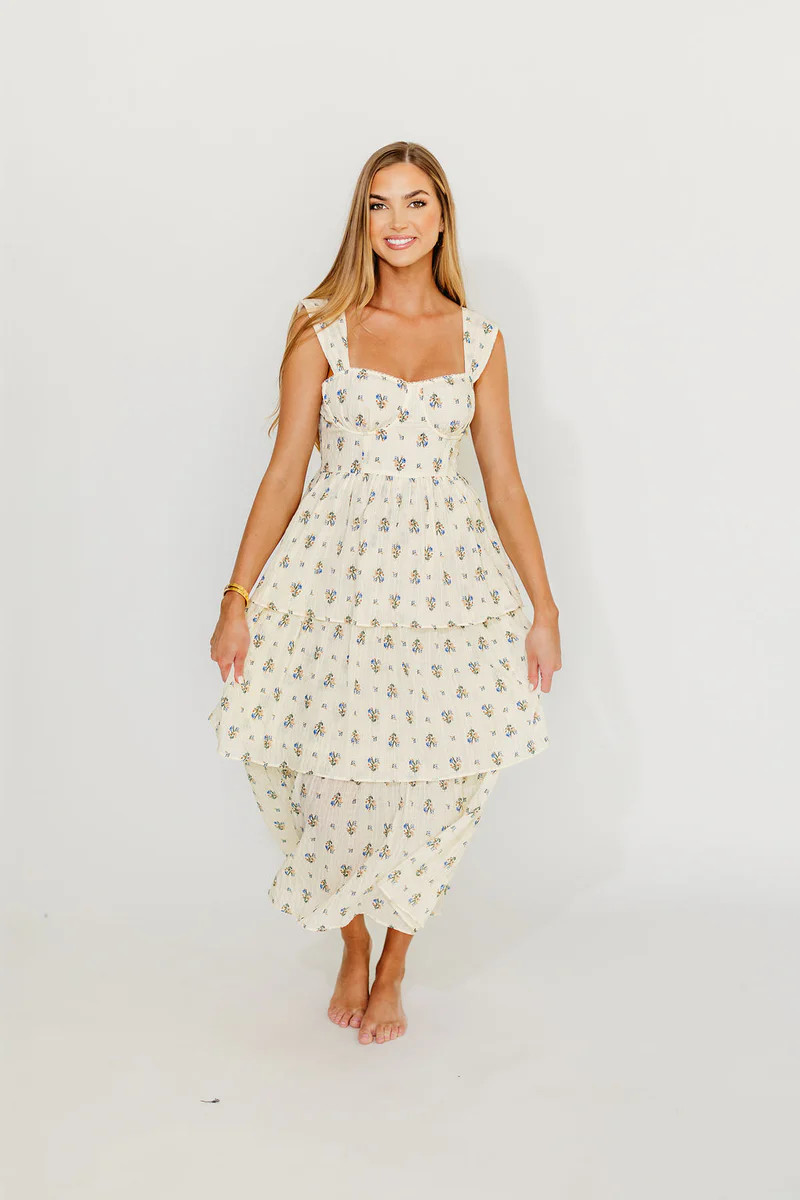 Marjorie Bustier Ruffle Layered Maxi Dress in Cream/Blue Floral | Worth Collective