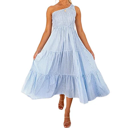 Aunavey Women Summer One-Shoulder Sleeveless Smocked Dress Flowy Tiered Beach Swing Long Dress | Walmart (US)