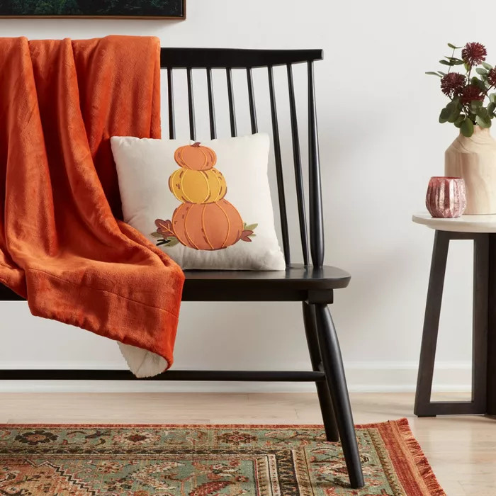 Chambray Printed and Embroidered 3 Pumpkins Square Throw Pillow Neutral/Orange | Target